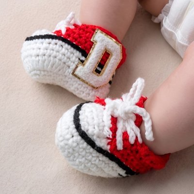 Personalized Initials Chenille Patched Crochet Baby Sneaker-Style Socks, Hand Knitting Baby Booties, Baby Shower/Birthday Gift for Newborns/Infants