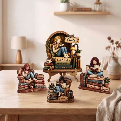 Custom Name Just a Girl Who Loves Books Wooden Figurine, 3D-Effect Reading Character on Book Stack Ornament, Shelf Decor, Gift for Book Lovers/Readers