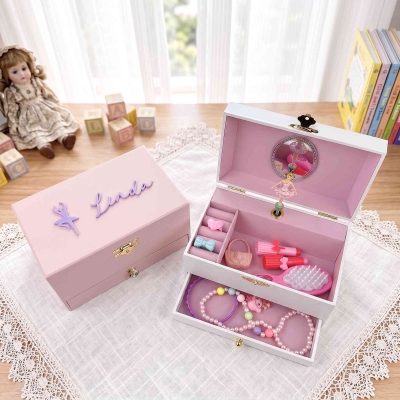 Custom Name Two-Layer Musical Ballerina Jewelry Box, Little Girl Jewelry Organizer, Dance Recital/Birthday Gift for Daughters/Nieces/Ballet Lovers
