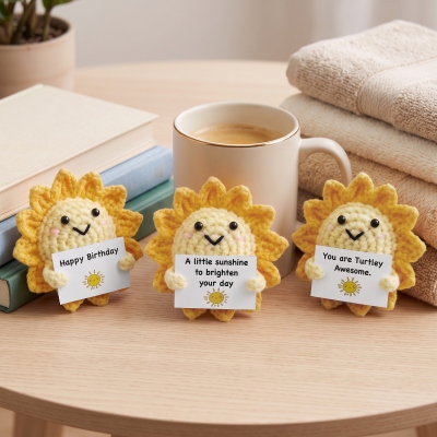 Personalized Tiny Smiley Sun Crochet Knitted Figurine with Text Card, Stress Relief Toy, Desk Decor, Birthday/Affirmation Gift for Family/Friends