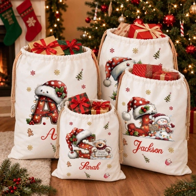 Custom Name Cartoon Animal Santa Hat Alphabet Christmas Gift Bag, Large Capacity Canvas Santa Sack with Drawstring, Christmas Gift for Kids/Family