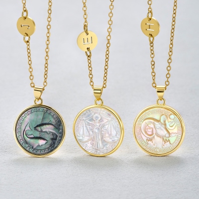 Personalized Pearl-Effect Zodiac Sign Necklace with Sideways Initial Charm, Dainty Constellation Pendant, Birthday Gift for Women/Girls/Besties