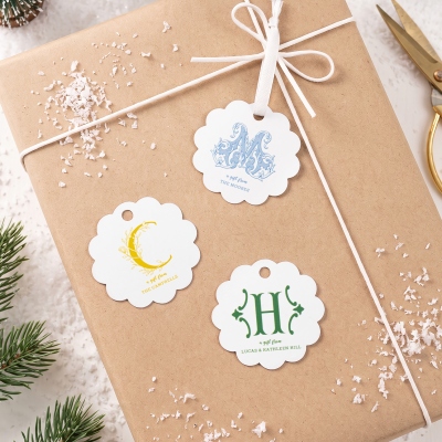 Personalized Monogram Scalloped Flower Edge Gift Tags with Satin Ribbon, Labels for Party Favors, Wedding/Christmas Gifts for Couple/Bride to Be