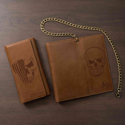 Personalized Retro Skull Eagle Cross Pattern Men's PU Leather Biker Chain Wallet with Name, Birthday Gift for Boyfriend/Dad/Grandpa