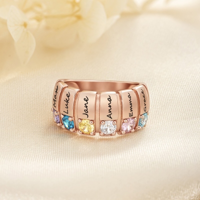Personalized 1-6 Birthstones Ring with Engraved Names, Dainty Family Birthstone Jewelry, Birthday/Mother’s Day/Christmas Gift for Her/Mom/Grandma