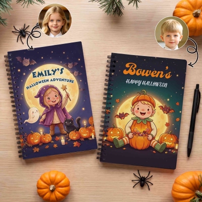 Personalized Halloween Pumpkin Witch Cartoon Character A5 Spiral Notebook with Name, Daily Use, Halloween Gift for Kids