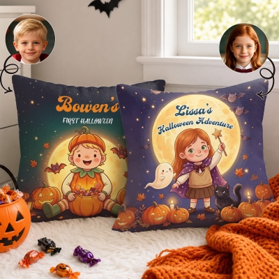Personalized Halloween Theme Bat Pumpkin Cartoon Photo Character Throw Pillow Cover with Name, Home Decor, Halloween Gift for Kids
