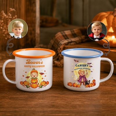 Personalized Halloween Theme Cartoon Photo Character Enamel Cup with Name, Daily Drink, Halloween Gift for Kids