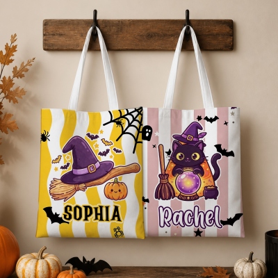 Personalized Halloween Cartoon Wizard Cat Ghost Spider Web Striped Canvas Tote Bag with Name, Halloween Party for Kids/Boys/Girls