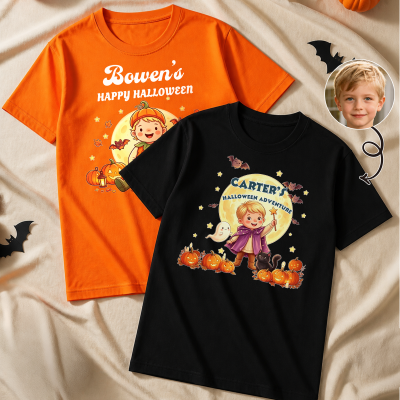 Personalized Halloween Cartoon Kid Character Photo 100% Cotton T-shirt with Name, Daily Wear, Halloween Party/Holiday Gift for Boys/Girls