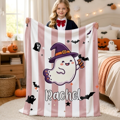 Personalized Cute Halloween Theme Pattern Soft Throw Blanket with Name, Home Decor, Halloween Gift for Family/Friends/Kids
