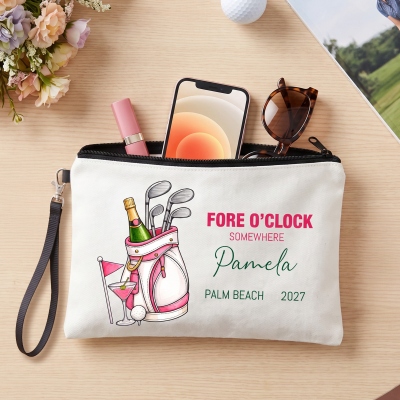 Custom Name Fore O’clock Somewhere Golf Cosmetic Bag, Linen Makeup Pouch with Wristlet, Bachelorette Party Favor, Gift for Women Golf Lovers/Players