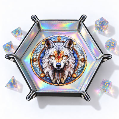 Double-Layer PU Holographic Dice Tray, Stained Glass Style, Custom Design & 8 Preset Prints, 4 Colors, Noise-Reducing Hex Rolling Tray, DND Gift