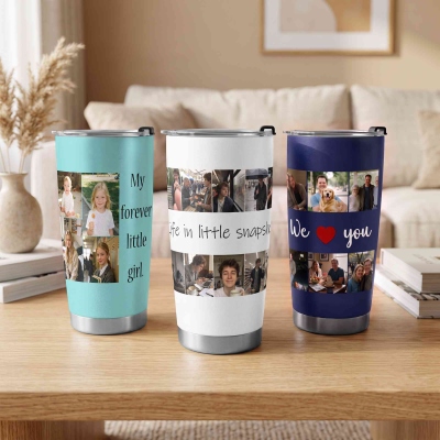Personalized Photo Collage Dad Tumbler, Family Insulated Stainless Steel Travel Cup with Slider Lid, Father’s Day/Birthday Gift for Dad/Husband/Him