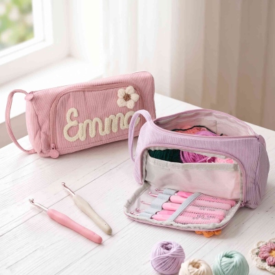 Personalized Name Floral Yarn Corduroy Crochet Tool Storage Bag, Large Capacity Thread Organizer Pouch, Birthday Gift for Mom/Grandma/Crochet Lovers
