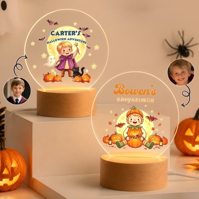 Personalized Halloween Theme Photo Pumpkin Bat Moon Acrylic LED Night Light with Name and Wooden Base, Bedroom Decor, Halloween Party Gift for Kids