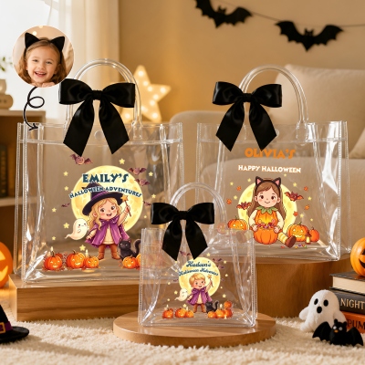Personalized Halloween Pumpkin Witch Cartoon Character Transparent Gift Bag with Ribbon and Name, Halloween Gift for Kids