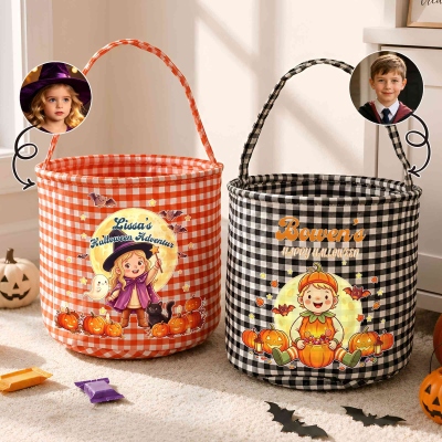 Personalized Cute Cartoon Character Photo Pumpkin Checkered Candy Bucket with Name, Halloween Party Gift for Children