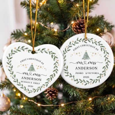 Personalized Names & Year First Christmas as Mr & Mrs Star Wreath Heart-Shaped/Round Ceramic Ornament, Holiday Decor, Christmas Gift for Newlyweds