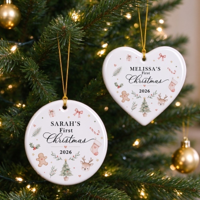 Personalized Baby’s First Christmas Ornament with Name & Year, Heart-Shaped/Round Ceramic Holiday Tree Hanging Decor, Christmas Gift for Newborns