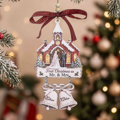 Personalized Names & Year First Christmas as Mr & Mrs Beaded Plaid Bow Bells House-Shaped Ornament, Wooden Holiday Decor, Christmas Gift for Newlyweds