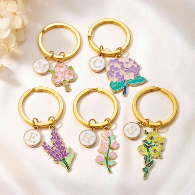 Personalized Colorful Enamel Flower Bouquet Keychain with Initial Charm, Bag Accessory, Daily Use/Birthday/Christmas Gift for Women/Besties