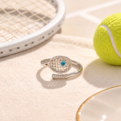 Personalized Tennis Racket Wrap Ring with Birthstone, Sterling Silver 925 Open Ring, Sports Jewelry, Birthday/Christmas Gift for Tennis Lovers/Players