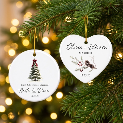 Personalized First Christmas Married Heart-Shaped/Round Ceramic Ornament with Names & Date, Holiday Tree Decor, Christmas Gift for Newlyweds