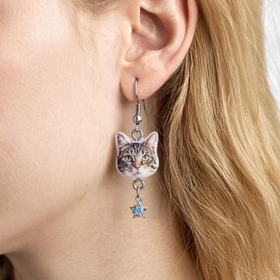 Personalized Glitter Pet Portrait Dangle Earrings with Birthstones, Dainty Pet Memorial Jewelry, Birthday/Anniversary Gifts for Dog/Cat Mom