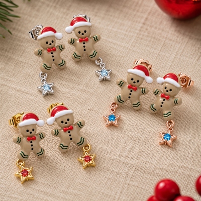 Personalized Santa Hat Gingerbread Man Stud Earrings with Birthstones, Dainty Women’s Festive Jewelry, Christmas Gifts for Her/Mom/Sisters/Friends