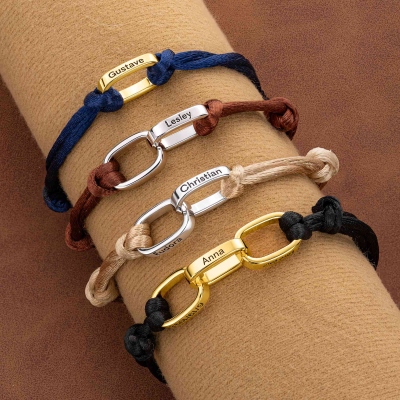 Personalized 1-3 Rings Braided Rope Bracelet with Engraved Names, Sterling Silver 925 Men’s Jewelry, Birthday/Father’s Day Gift for Dad/Husband