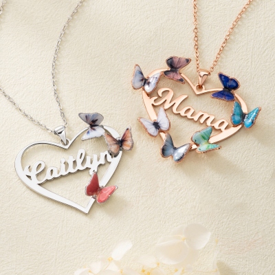 Personalized 1-8 Birth Butterflies Heart Necklace with Name, Sterling Silver 925 Dainty Family Jewelry, Birthday/Mother’s Day Gift for Her/Mom/Grandma