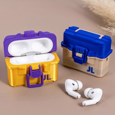 Personliga initialer 3D-tryckt fiskeredskapslåda AirPods-fodral, säkert spärrfodral kompatibelt med AirPods 2/3/Pro, present till fiskeälskare/sportare