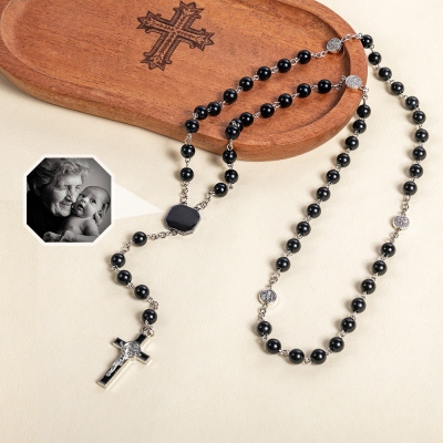 Personligt fotokors med pärlhalsband, värmeaktiverat dolt fotohänge, dop-/religiös/minnespresent till mamma/pappa/familj