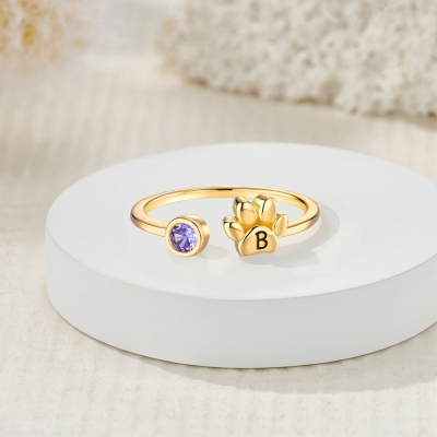 Custom Initial Engraved Tiny Paw Ring with Birthstone, Sterling Silver 925 Adjustable Open Ring, Pet Jewelry, Memorial Gift for Pet Owners/Lovers