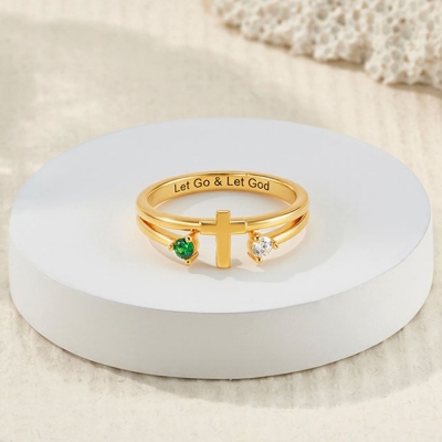 Personalized Engraved Cross Ring with Two Birthstones, Sterling Silver 925 Religious Minimalist Ring, Mother's Day/Christmas Gift for Christian Women