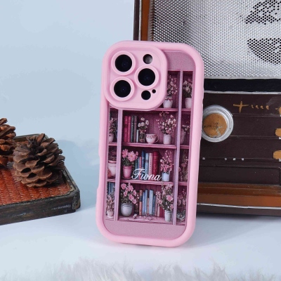 Personalized Pink Floral Bookshelf Phone Case with Name, Soft & Shockproof TPU Phone Case for iPhone, Birthday Gift for Book Lovers/Readers/Women