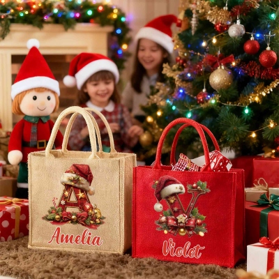 Personalized Name Christmas Wreath Plaid Alphabet Burlap Tote Bag, Large Capacity Jute Bag, Holiday Party Favor, Christmas Gift for Kids/Family
