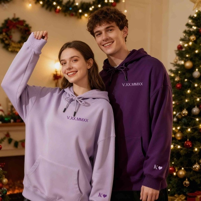Custom Hoodie Embroidered Roman Numeral Date and Letter Name, Matching Shirts for Couples, Valentines Day/Anniversary/Engagement Gifts for Women Men