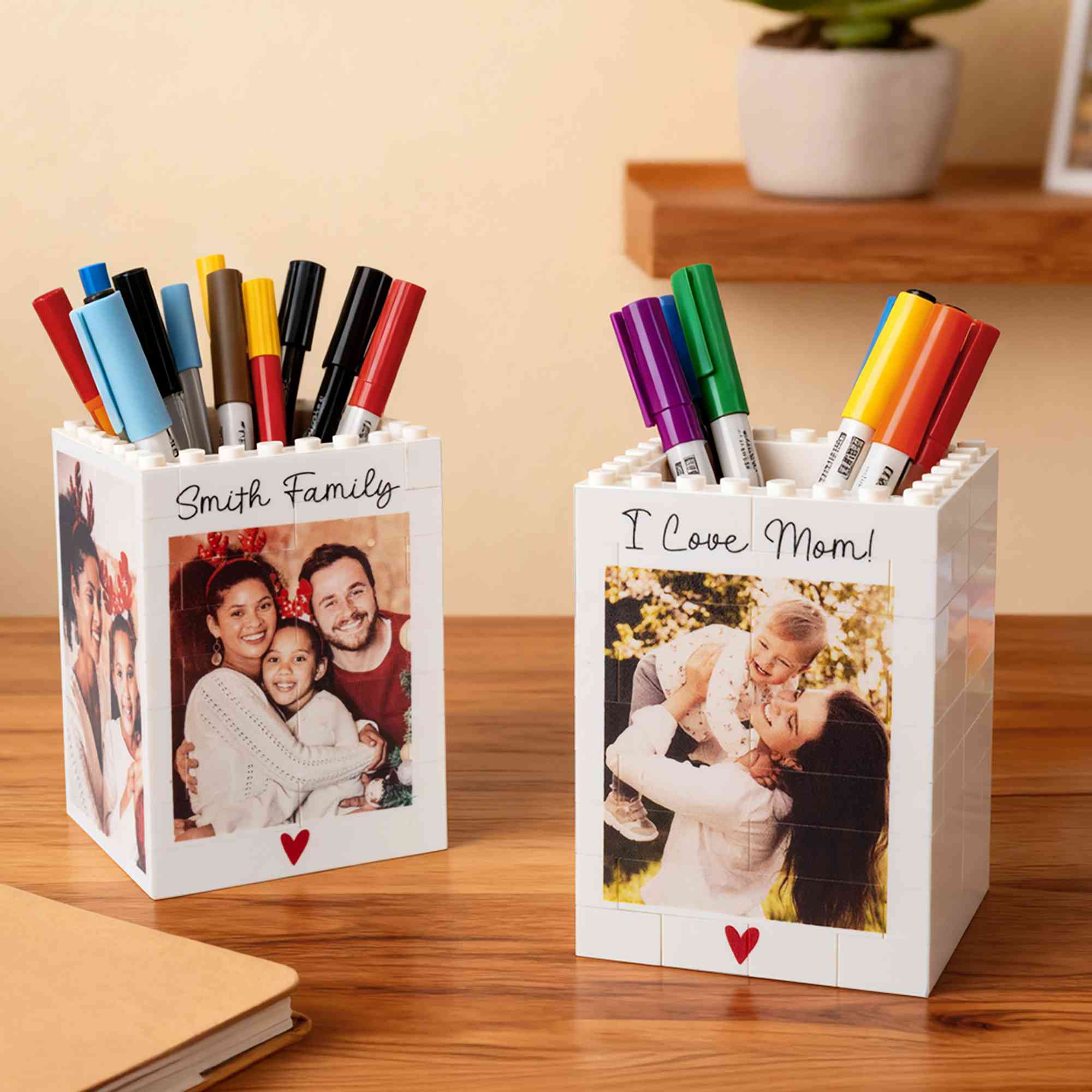 Personalisierter Stiftehalter mit Foto-Bausteinen, Schreibtisch-Organizer für Büro/Arbeitszimmer, Geschenk zum Vatertag/Muttertag/Geburtstag für Papa/Mama/Familie