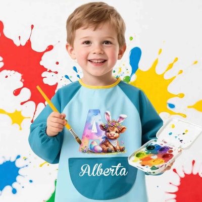 Custom Name Bunny Ears Highland Cow Alphabet Waterproof Long Sleeve Painting Apron, Children's Art Smock with Pocket, Birthday/Easter Gift for Kids