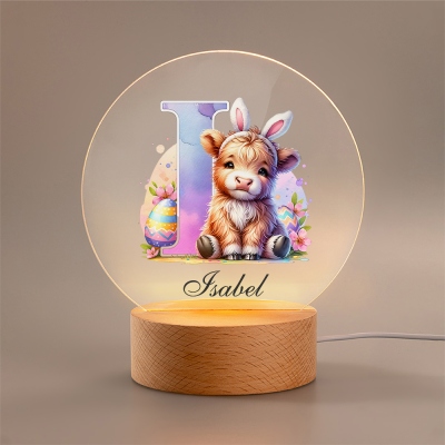 Custom Name Bunny Ears Highland Cow Alphabet LED Night Light, Acrylic Night Lamp with Wooden Base, Nursery Home Decor, Easter Gift for Kids/Boys/Girls