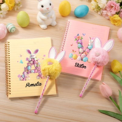 Custom Name Bunny & Easter Eggs Pink Alphabet Spiral Notebook with Pom Pom Pen, Easter Notebook & Pen Set, Easter Party Favor, Easter Gift for Kids