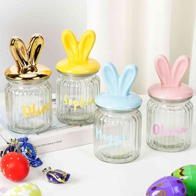 Custom Easter Glass Jar with Bunny Ears Lid, Cute Rabbit Candy Sugar Glass Storage Jar, Coffee Containers, Tiered Tray Decor, Easter Gift for Kids