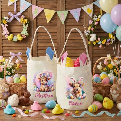 Custom Name Easter Highland Cow Alphabet Bucket Bag with Bunny Ears, Easter Egg Hunt Basket, Cotton Linen Easter Goodie Bag, Easter Gift for Kids