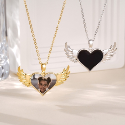 Custom Engraved Heat-Activated Hidden Photo Angel Wings Heart Necklace, Magic Secret Image Necklace, Birthday/Memorial Gift for Family/Friends