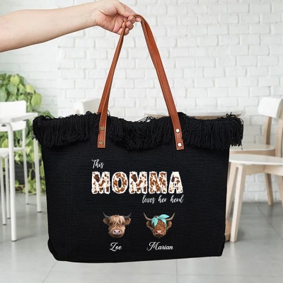 Custom Names Grandma Highland Cow Loves Her Herd Fringe Tote Bag, Canvas Beach Bag with Leather Handles, Birthday/Mother's Day Gift for Mom/Grandma