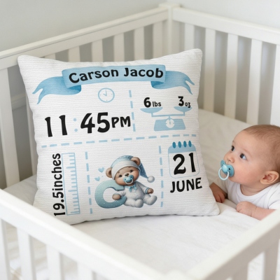Kissenbezug mit individuellem Namen und Bärenmotiv, inklusive Geburtsdaten, optionaler Füllung, Kinderzimmerdekoration, Geschenk zur Babyparty/zum Geburtstag für Neugeborene