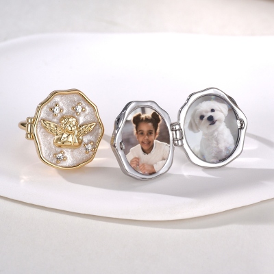 Personalized Enamel Angel Locket Ring with 1-2 Photos, Dainty Picture Adjustable Open Ring, Birthday/Memorial Gift for Her/Mom/Family/Pet Lovers