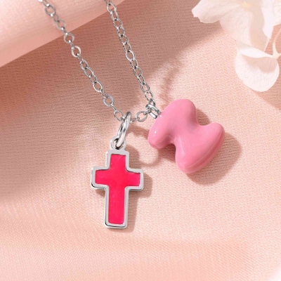 Personalized Enamel Cross Necklace with Bubble Letter, Colorful Women's Christian Jewelry, Birthday/Baptism/Mother's Day Gift for Her/Mom/Family